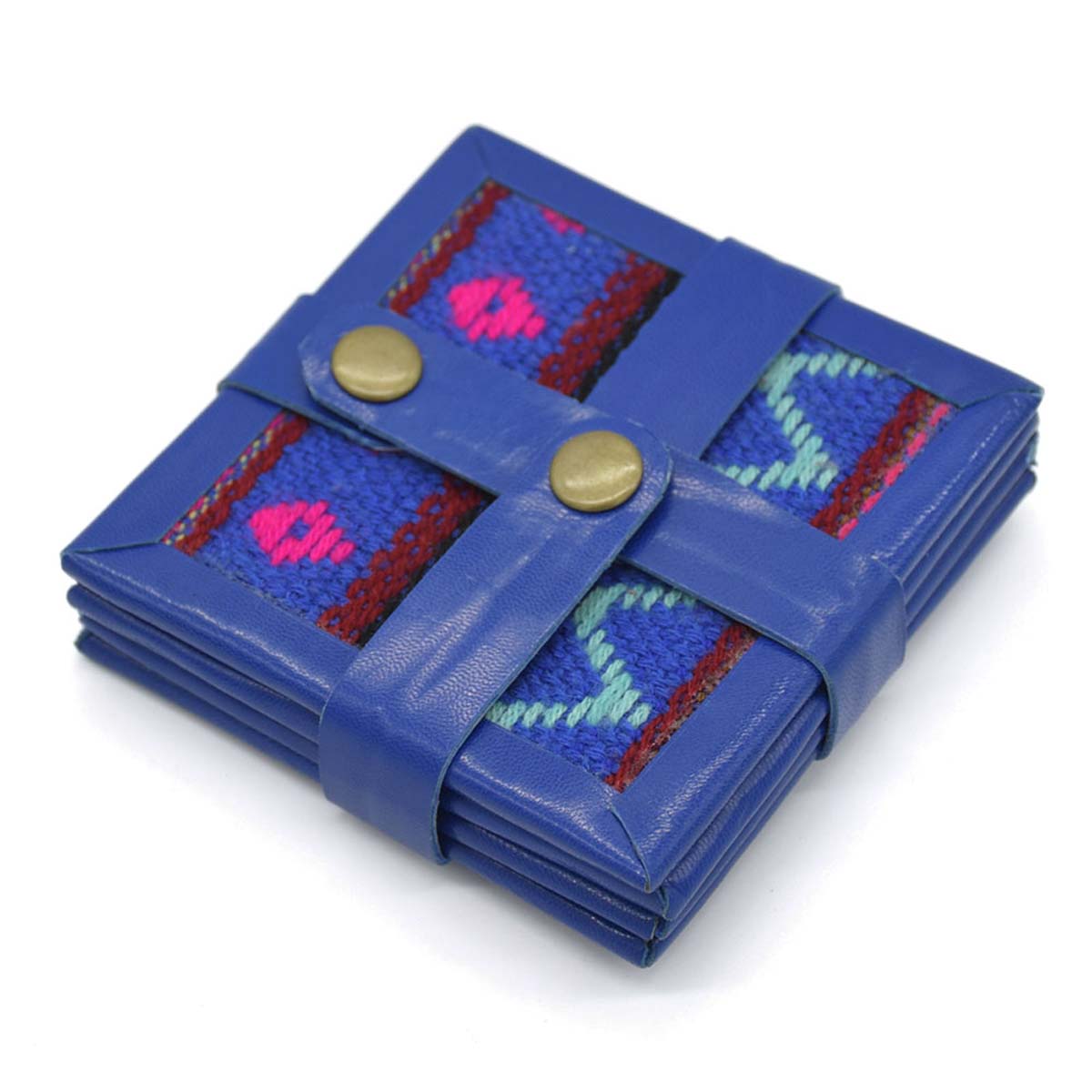 Coaster Sets Wholesale – Set of 4 Square Coasters with Holder – Handmade in Cotton –Purple – Assorted Motifs – Leather Trimmings – Table-Top Accessories 